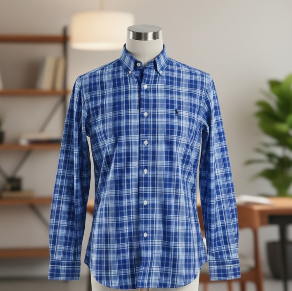 New Polo Ralph Lauren Classic Fit Blue Long Sleeve Button Up Plaid Men Shirt